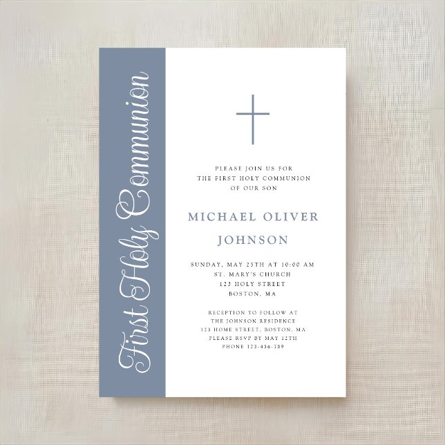 Convite de Primeira Comunhão Menino Rascunho Azul  (Elegant Dusty Blue Script Boy First Communion Invi Invitation)
