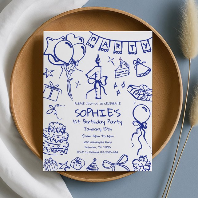 Convite de primeiro aniversario Azul, Aniversário  (Criador carregado)