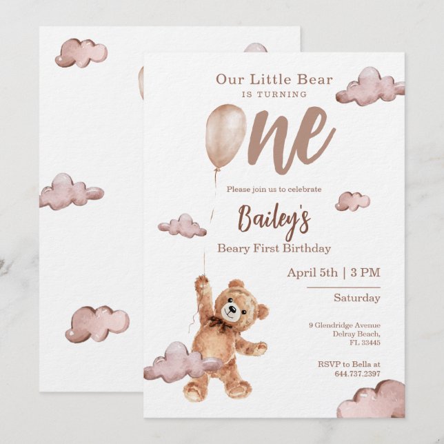 Convite de Primeiro Aniversário Beary (Frente/Verso)