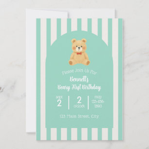 Convite de Primeiro Aniversário Beary Azul Turqu