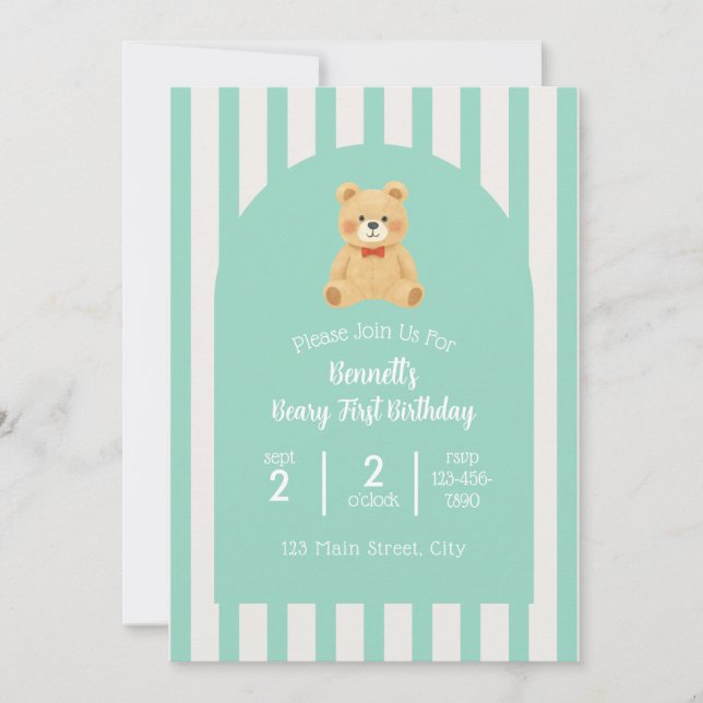 Convite de Primeiro Aniversário Beary | Azul Turqu (Frente)