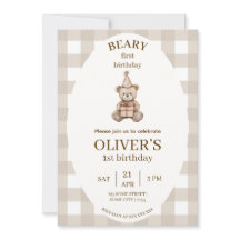 Convite de Primeiro Aniversário Beary Gingham Edit