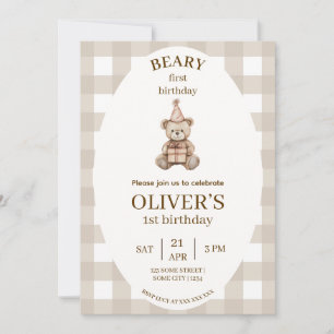Convite de Primeiro Aniversário Beary Gingham Edit