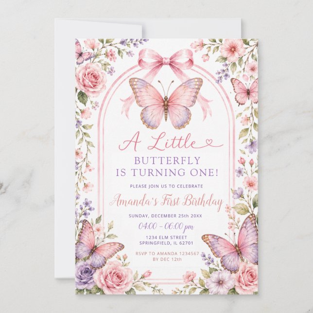Convite de Primeiro Aniversário Borboleta Rosa Rox (Frente)