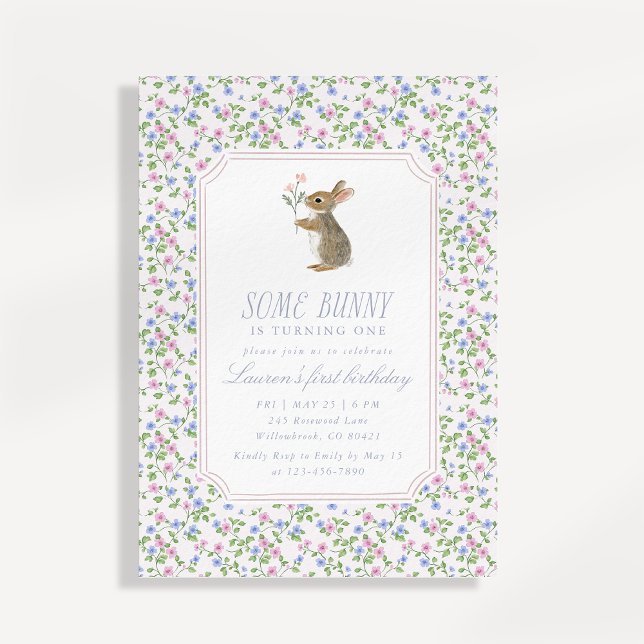 Convite de Primeiro Aniversário Bunny Floral Cotta (Criador carregado)