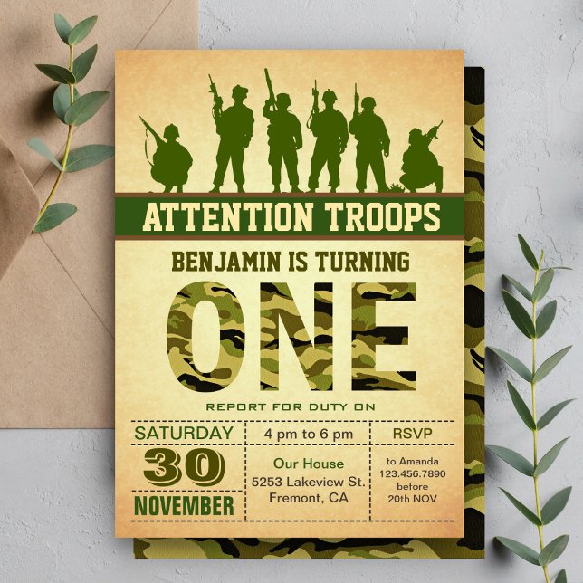 Convite de Primeiro Aniversário Camuflagem Verde C (Criador carregado)