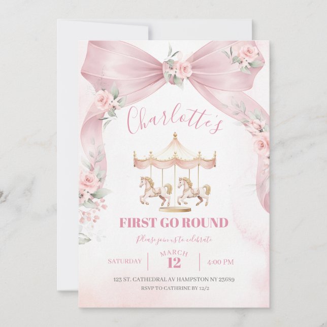 Convite de Primeiro Aniversário Carousel Coquette  (Frente)