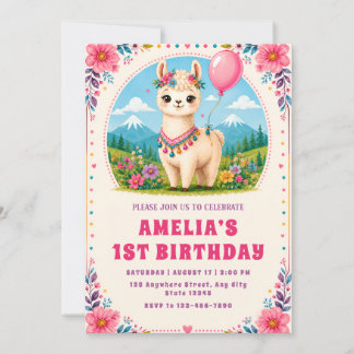 Convite de Primeiro Aniversário Colorido de Alpaca