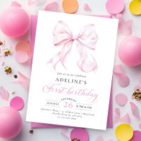 Convite de Primeiro Aniversário com Laço Rosa