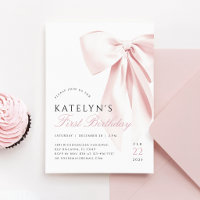 Convite de Primeiro Aniversário com Laço Rosa Blus