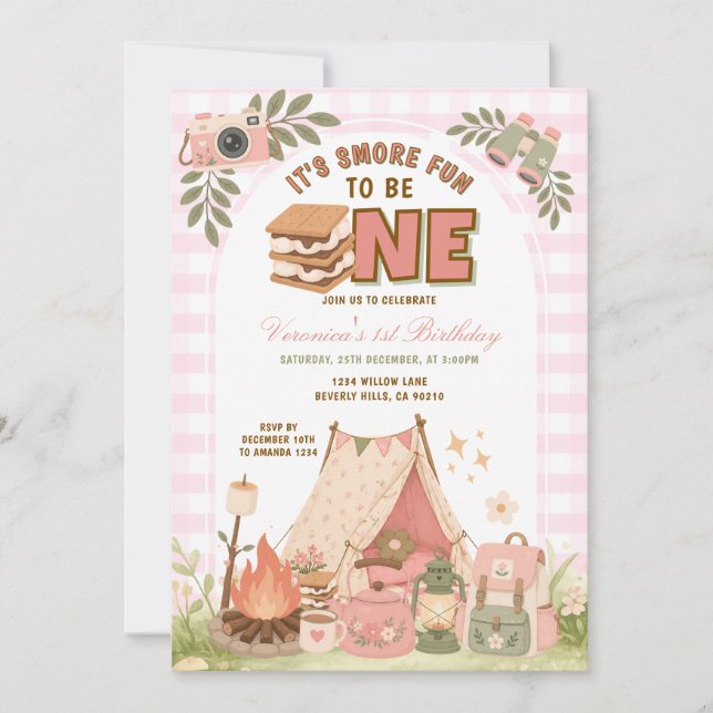 Convite de Primeiro Aniversário Cor-de-Rosa de Aca (Frente)