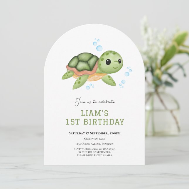 Convite de primeiro aniversário da tartaruga sob o (Em pé/Frente)
