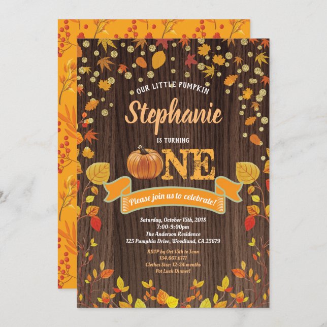 Convite de primeiro aniversário de abóbora. Madeir (Frente/Verso)