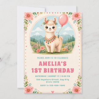 Convite de Primeiro Aniversário de Alpaca Floral