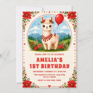 Convite de Primeiro Aniversário de Alpaca Floral V