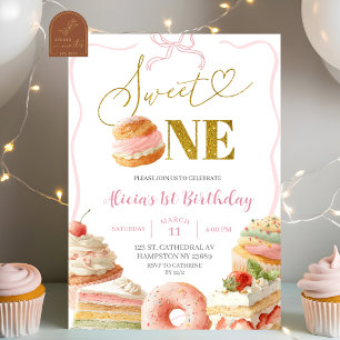 Convite de Primeiro Aniversário de Bolo de Doces c