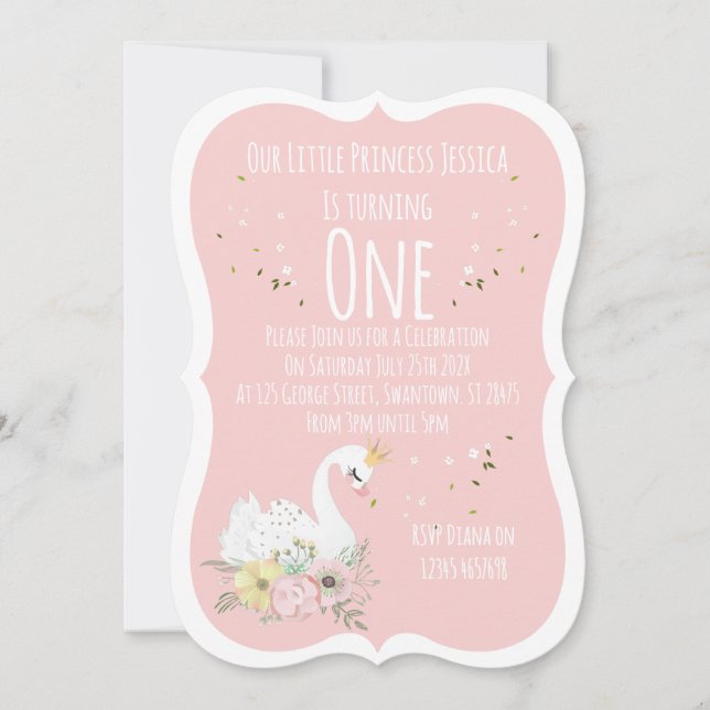 Convite de Primeiro Aniversário de Cisne em Aquare (Frente)