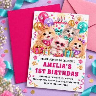 Convite de Primeiro Aniversário de Gatos Fofos e B