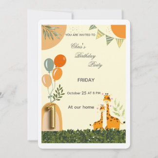 Convite de Primeiro Aniversário de Girafa Boho
