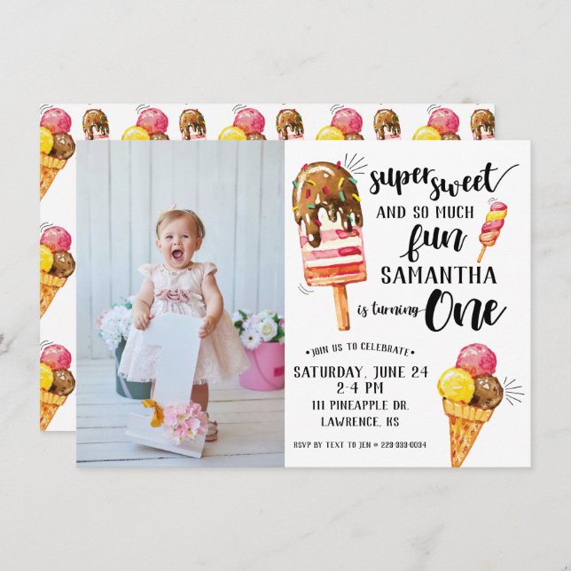 Convite de Primeiro Aniversário de Sorvete Super D (Frente/Verso)