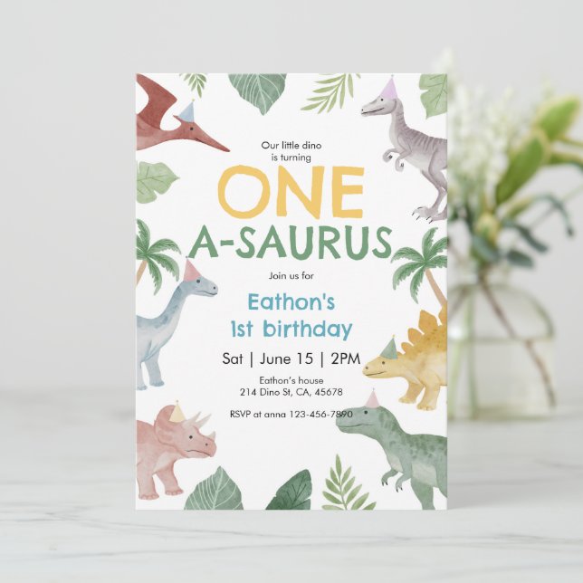 Convite de Primeiro Aniversário de Um A Saurus Din (Em pé/Frente)