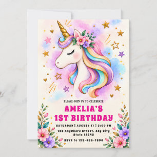 Convite de Primeiro Aniversário de Unicórnio Mágic