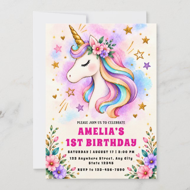 Convite de Primeiro Aniversário de Unicórnio Mágic (Frente)