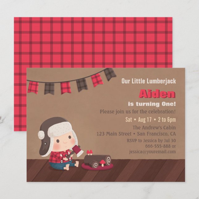 Convite de Primeiro Aniversário do Bebê Lenhador B (Frente/Verso)