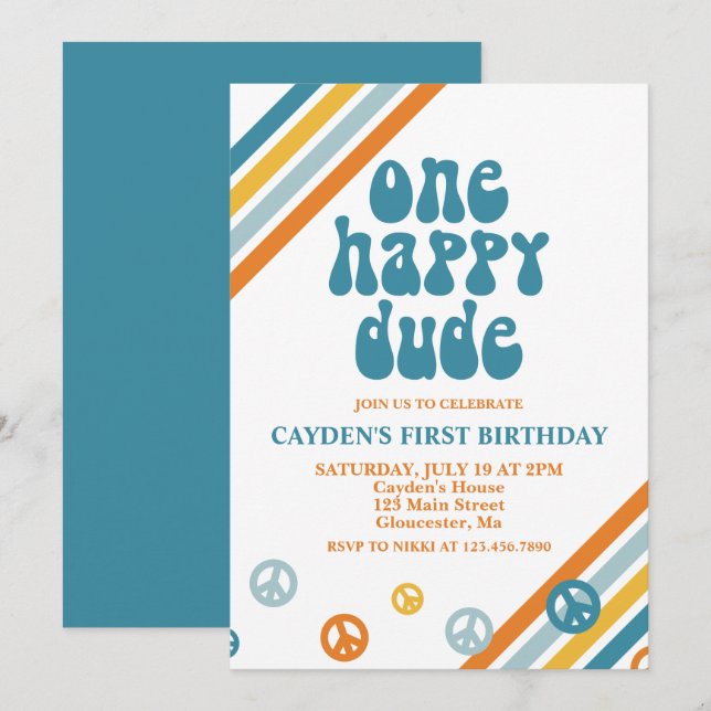 Convite de Primeiro Aniversário do Cara Feliz Retr (Frente/Verso)