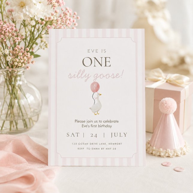 Convite de Primeiro Aniversário do Ganso Bobo Rosa (Criador carregado)