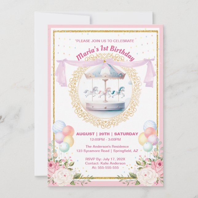 Convite de Primeiro Aniversário Elegante Carousel  (Frente)