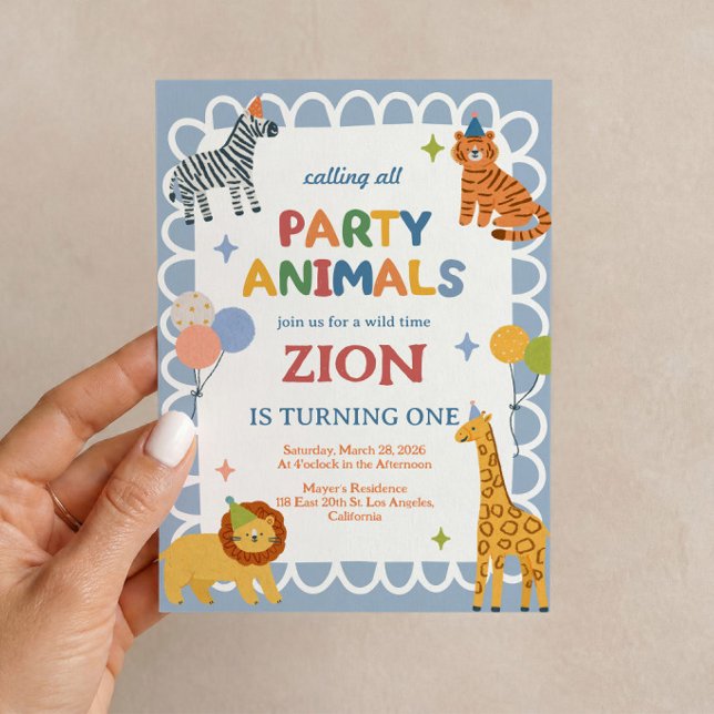 Convite de Primeiro Aniversário Festa Animais Safa (Party Animals safari invitation for a fun and adventurous boy’s first birthday. 🦁🎉🌿)