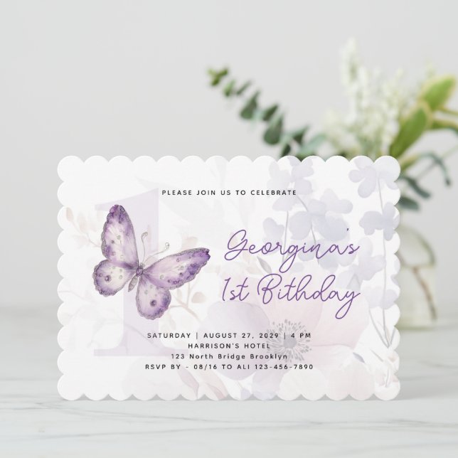 Convite de Primeiro Aniversário Floral Borboleta R (Em pé/Frente)
