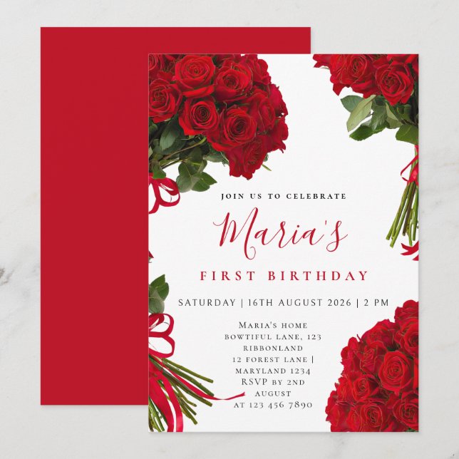 Convite de Primeiro Aniversário Floral de Rosa Ver (Frente/Verso)