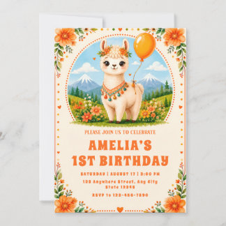 Convite de Primeiro Aniversário Floral Laranja de