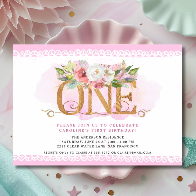Convite de Primeiro Aniversário Floral Rosa ONE (Criador carregado)