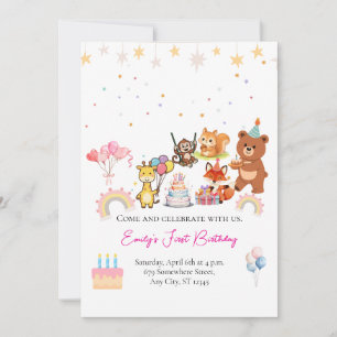 Convite de primeiro aniversário fofo com animais d