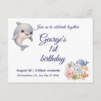 Convite de primeiro aniversário Fofo Sob o Mar