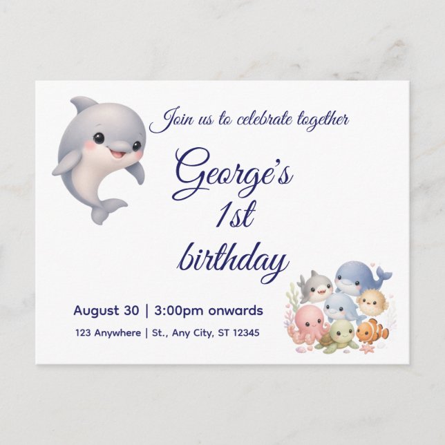 Convite de primeiro aniversário Fofo Sob o Mar (Frente)