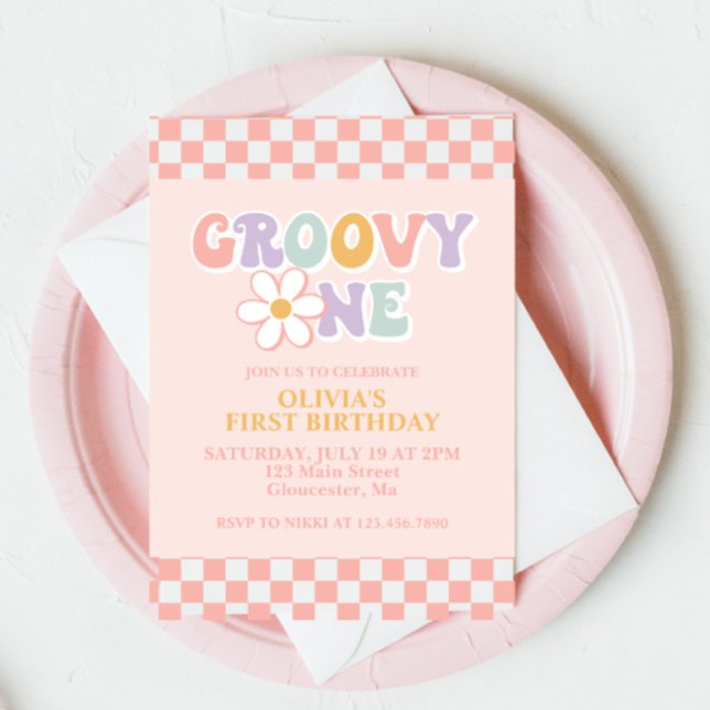 Convite de Primeiro Aniversário Groovy One Retro G (Criador carregado)