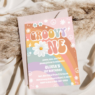 Convite de Primeiro Aniversário Groovy Rainbow