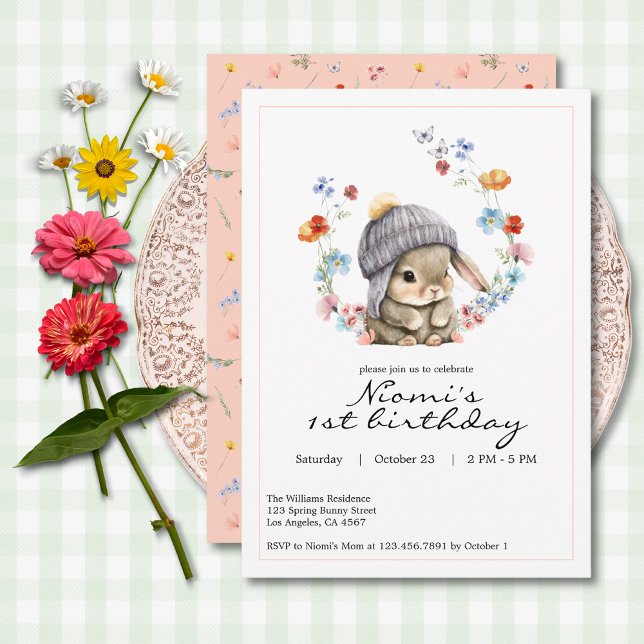 Convite de Primeiro Aniversário Jardim do Coelhinh (Bunny Garden First Birthday Invitation 2)