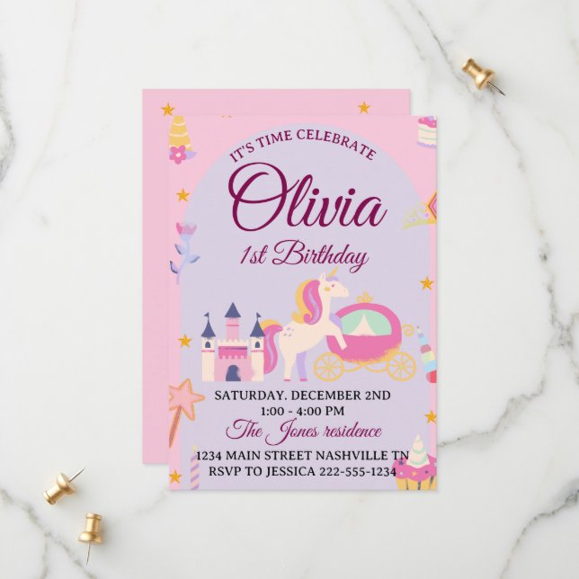 Convite de primeiro aniversario Magical Unicorn pa (Frente/Verso In Situ)