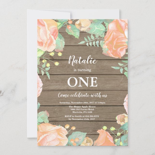 Convite de Primeiro Aniversário Menina Floral Rúst (Frente)