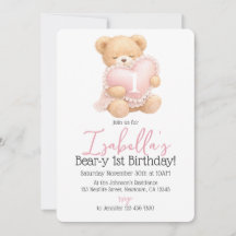 Convite de Primeiro Aniversário Menina Urso Xadrez