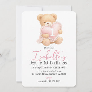 Convite de Primeiro Aniversário Menina Urso Xadrez
