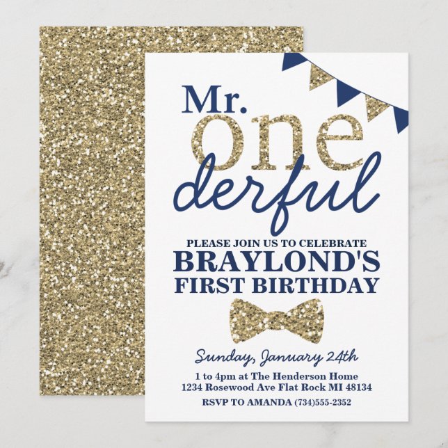 Convite de Primeiro Aniversário Mr Onederful Azul  (Frente/Verso)