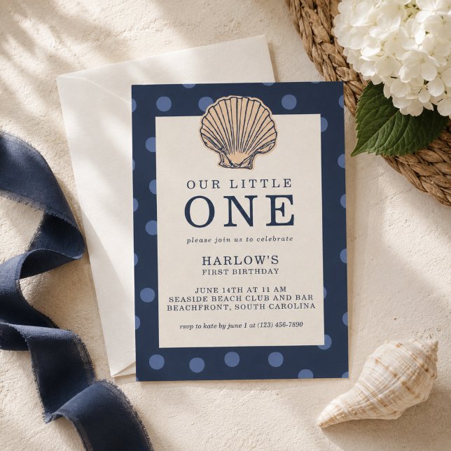Convite de Primeiro Aniversário Preppy Costeiro co (Preppy Coastal Shell First Birthday Invitation
)