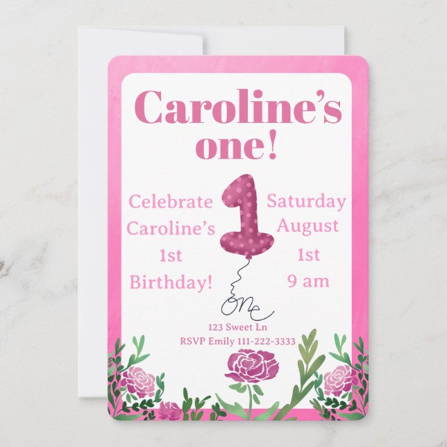 Convite de primeiro aniversário rosa com balão (Frente)