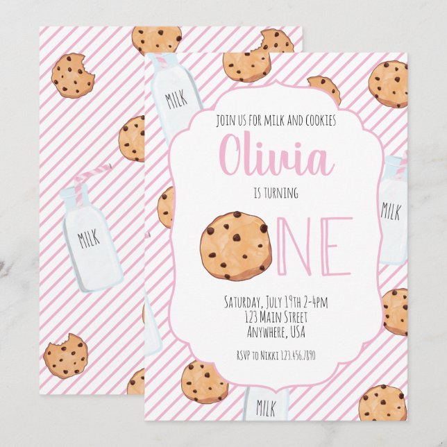 Convite de Primeiro Aniversário Rosa Leite e Bisco (Frente/Verso)